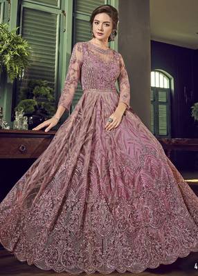 purple wedding wear soft net semi stitched gown 2