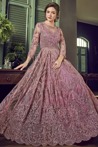 purple wedding wear soft net semi stitched gown