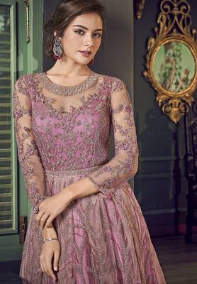 purple wedding wear soft net semi stitched gown 3