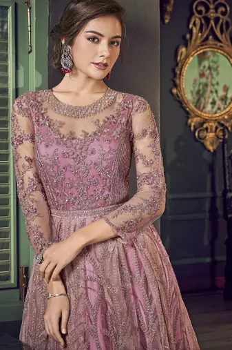 purple wedding wear soft net semi stitched gown