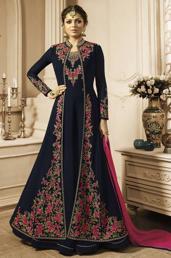 Pure georgette wedding wear gown in blue color with embroidery work