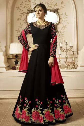 black floral embroidery work georgette semi stitched gown