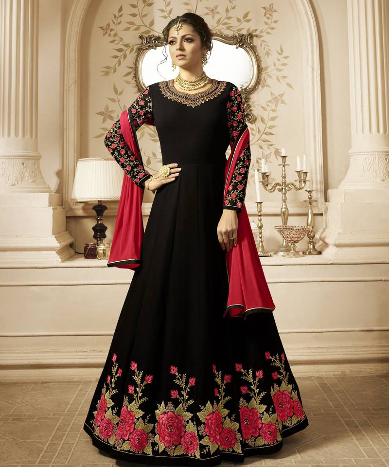 black floral embroidery work georgette semi stitched gown