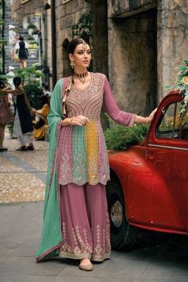 pink pure chiffon sharara suit with embroidery work 1