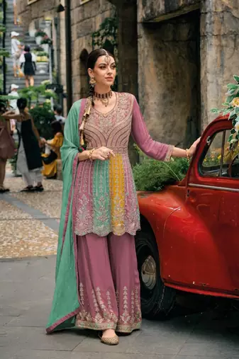 Pure chiffon party wear sharara in pink color with embroidery work