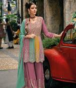 Pure chiffon party wear sharara in pink color with embroidery work