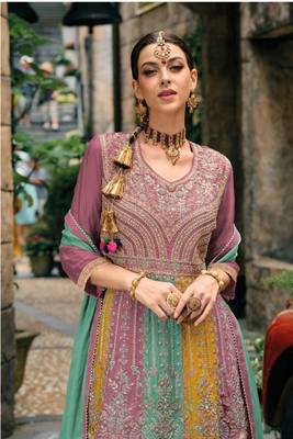 pink pure chiffon sharara suit with embroidery work 2