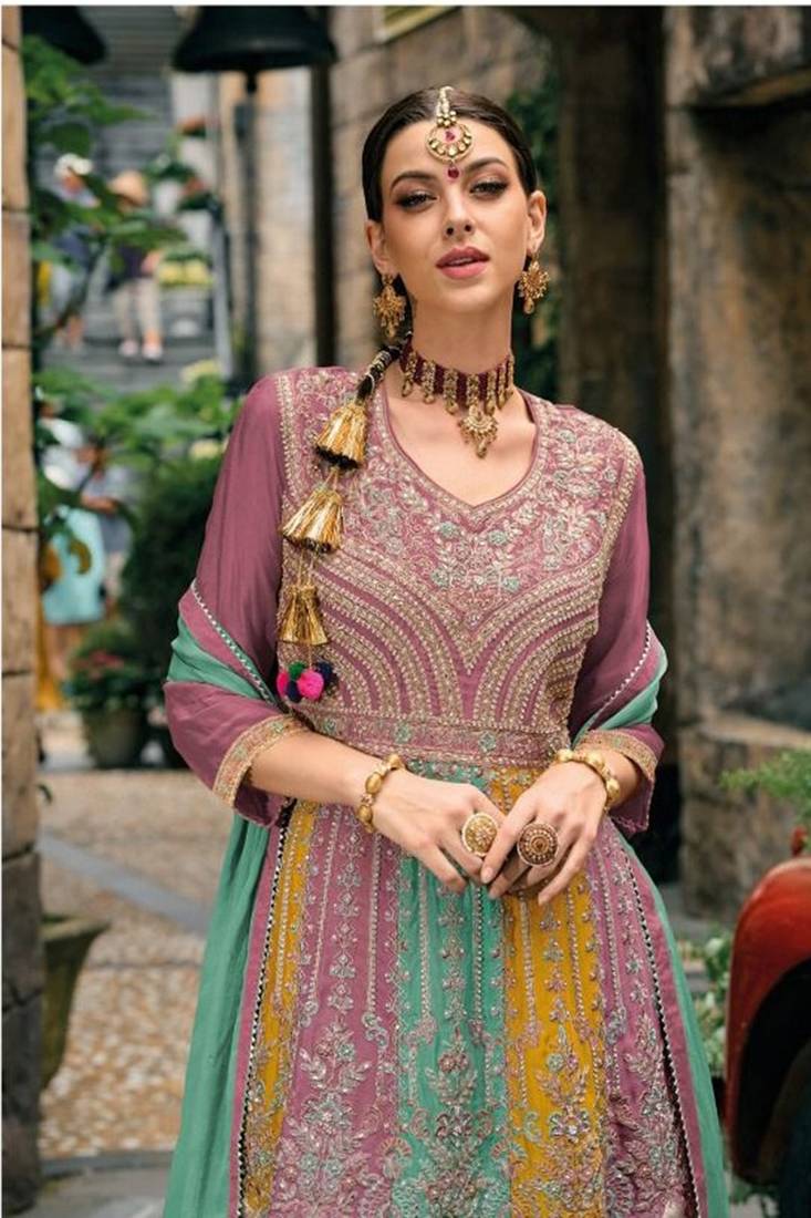 Pure chiffon party wear sharara in pink color with embroidery work