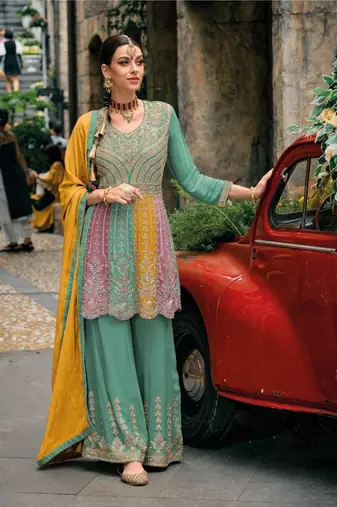 turquoise pure chiffon sharara suit with embroidery work