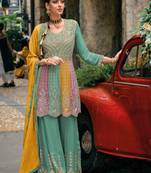 turquoise pure chiffon sharara suit with embroidery work