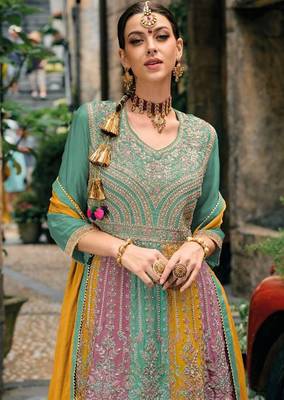 turquoise pure chiffon sharara suit with embroidery work 2