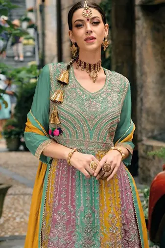 turquoise pure chiffon sharara suit with embroidery work