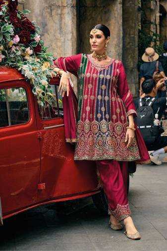 Pure chiffon party wear sharara in yellow color with embroidery work