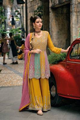 yellow pure chiffon sharara suit with embroidery work 1