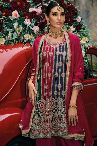 red embroidered pure chiffon party wear sharara suit set