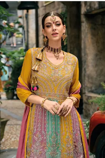 yellow pure chiffon sharara suit with embroidery work