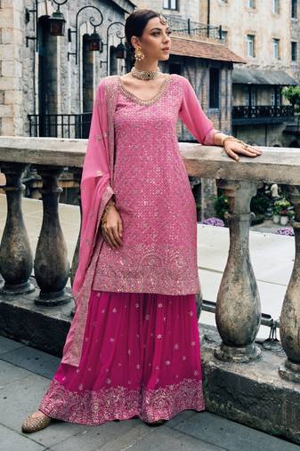 pink pure georgette sharara with embroidery work