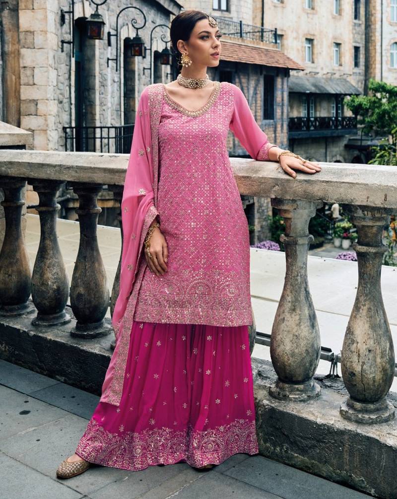 pink pure georgette sharara with embroidery work
