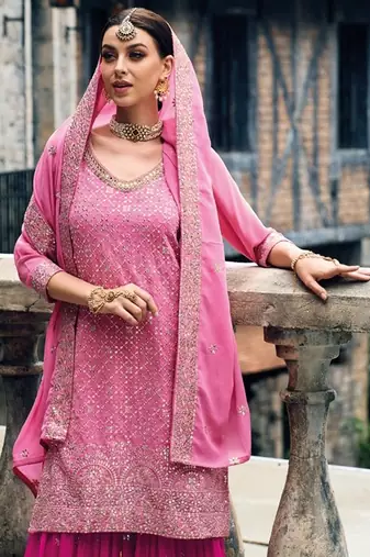 pink pure georgette sharara with embroidery work