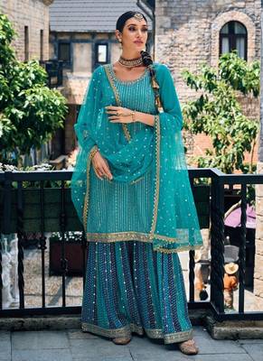 blue georgette sharara with net dupatta 1
