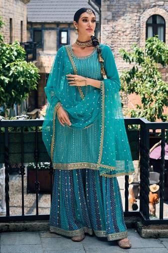 blue georgette sharara with net dupatta