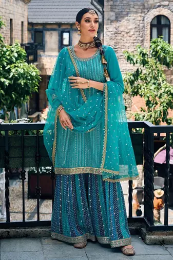 blue georgette sharara with net dupatta