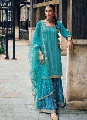 blue georgette sharara with net dupatta 2