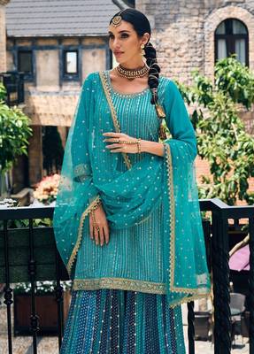 blue georgette sharara with net dupatta 3