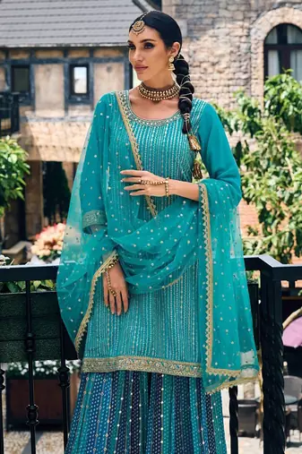 blue georgette sharara with net dupatta
