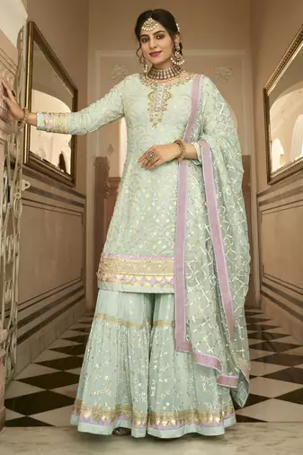 blue georgette sharara set with embroidery design