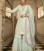 Pure georgette party wear sharara in blue color with embroidery work