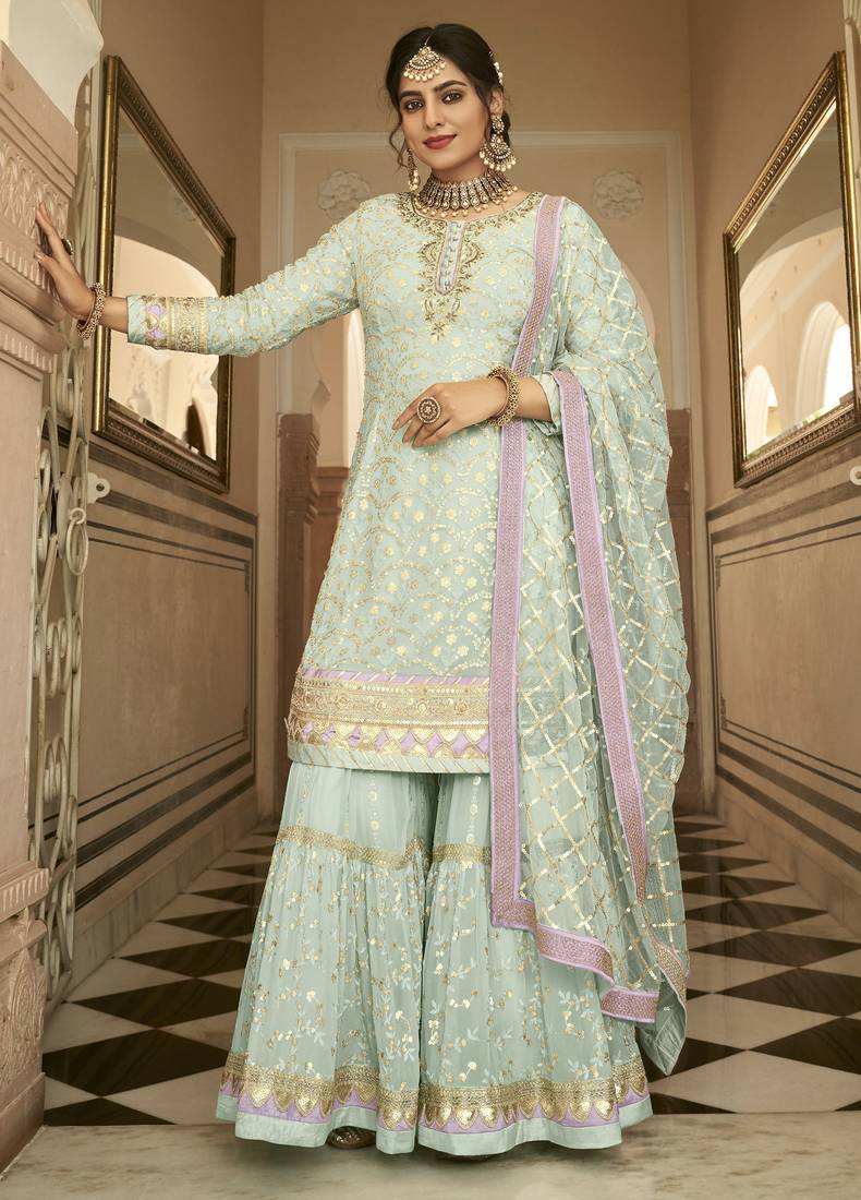 Pure georgette party wear sharara in blue color with embroidery work