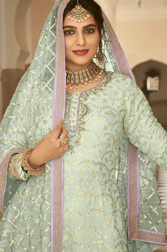 blue georgette sharara set with embroidery design