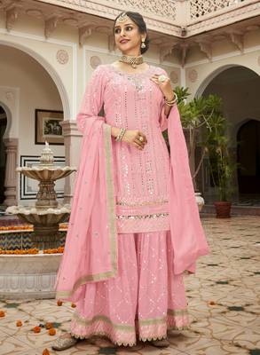pink georgette sharara suit with embroidered work 1