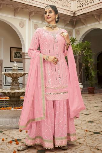 Pure georgette party wear sharara in pink color with embroidery work