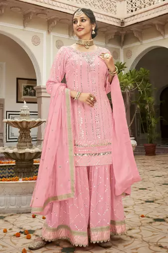 pink georgette sharara suit with embroidered work