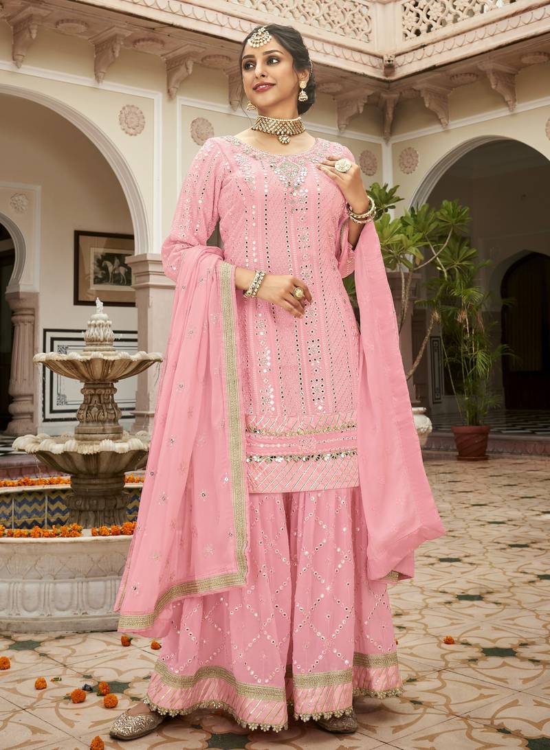 pink georgette sharara suit with embroidered work