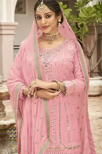 pink georgette sharara suit with embroidered work
