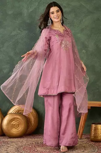 Women's  Embroidery Work Viscose Silk Fabric A-line Kurta Sharara and Dupatta Set