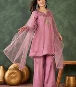 Women's  Embroidery Work Viscose Silk Fabric A-line Kurta Sharara and Dupatta Set