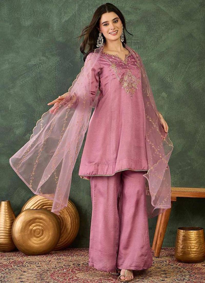 Women's  Embroidery Work Viscose Silk Fabric A-line Kurta Sharara and Dupatta Set