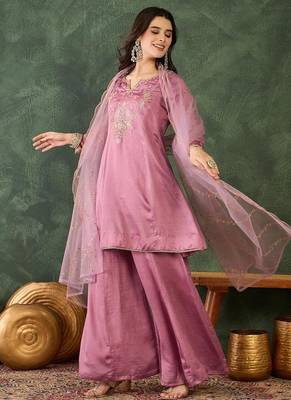 Women's  Embroidery Work Viscose Silk Fabric A-line Kurta Sharara and Dupatta Set 3