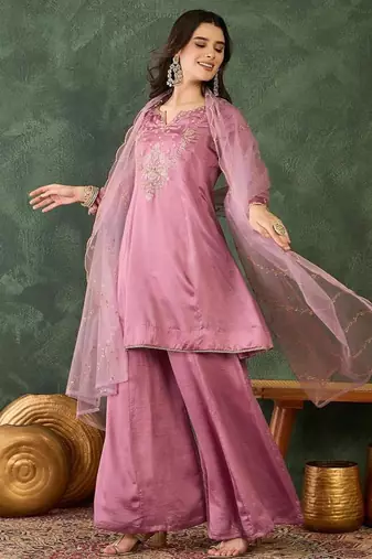 Women's  Embroidery Work Viscose Silk Fabric A-line Kurta Sharara and Dupatta Set