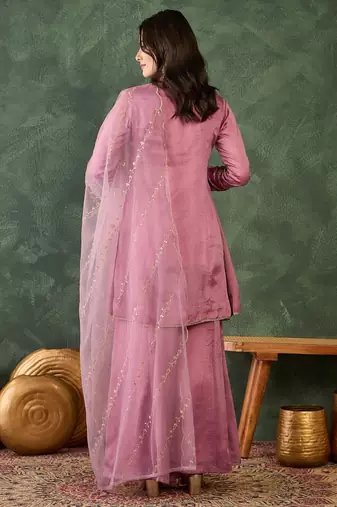 Women's  Embroidery Work Viscose Silk Fabric A-line Kurta Sharara and Dupatta Set