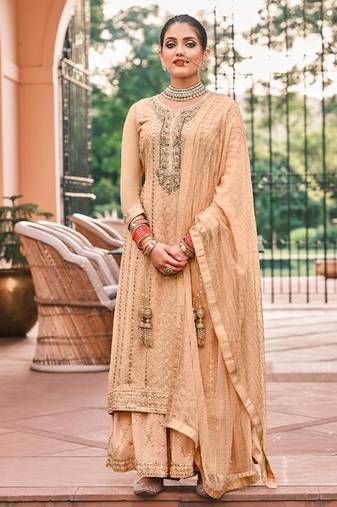 Pure georgette party wear sharara in beige color with embroidery work