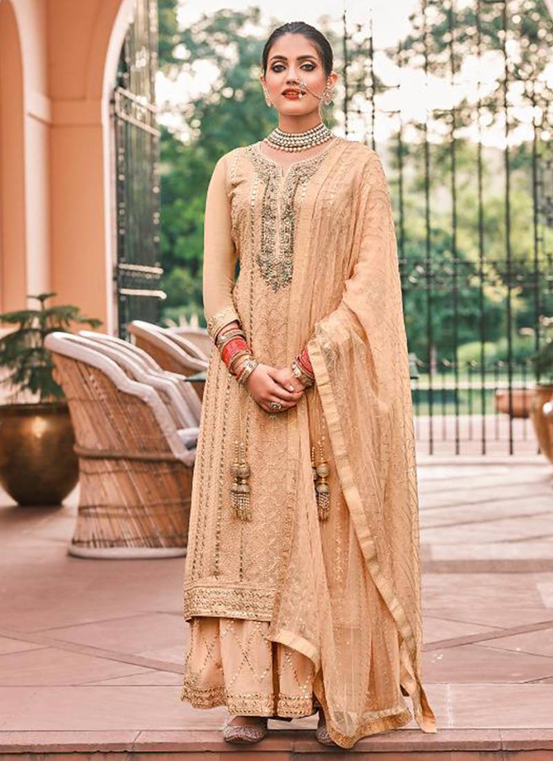 Pure georgette party wear sharara in beige color with embroidery work