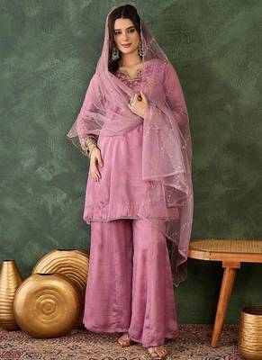 Women's  Embroidery Work Viscose Silk Fabric A-line Kurta Sharara and Dupatta Set 5