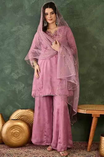 Women's  Embroidery Work Viscose Silk Fabric A-line Kurta Sharara and Dupatta Set