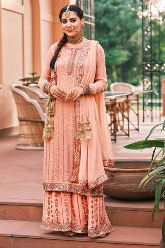 peach georgette embroidery sharara suit
