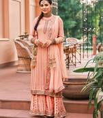 Pure georgette party wear sharara in peach color with embroidery work